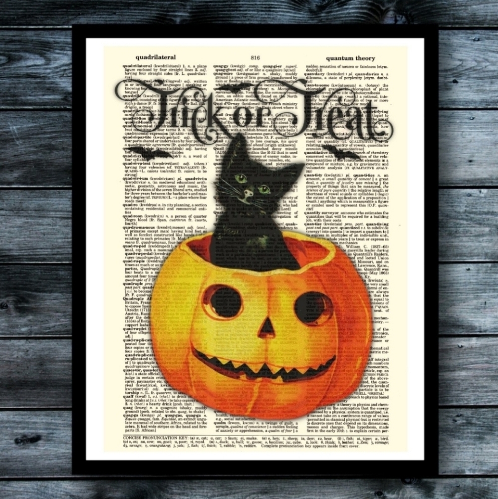 Black Cat Halloween Trick Or Treat Vintage Art Print on Bookpage